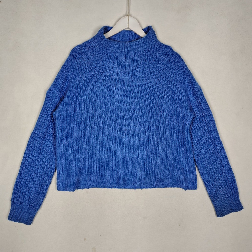 Anthropologie Blue Cropped Mock Neck Ribbed Knit Sweater Size S OB1385854